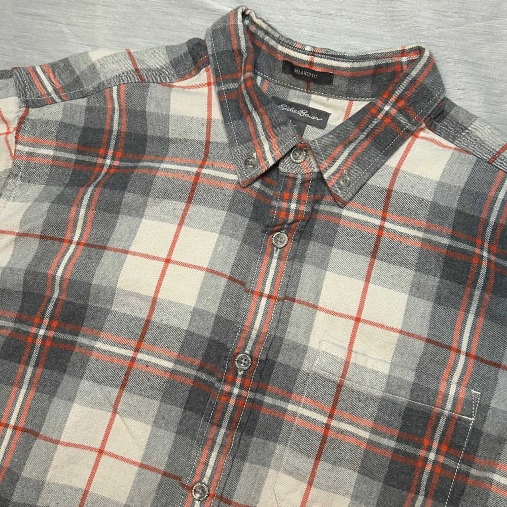 Eddie Bauer Mens Relaxed Fit Flannel Shirt L Grey Orange Plaid Button Down